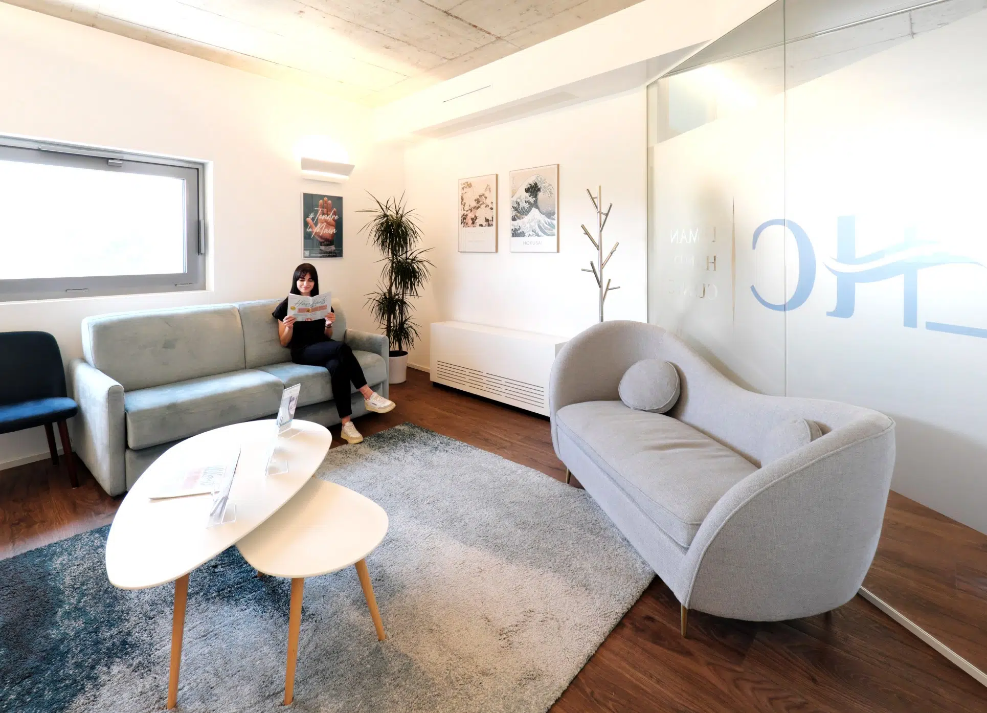 Salle d'attente moderne et bien éclairée avec jolis meubles| Leman hand Clinic Genève